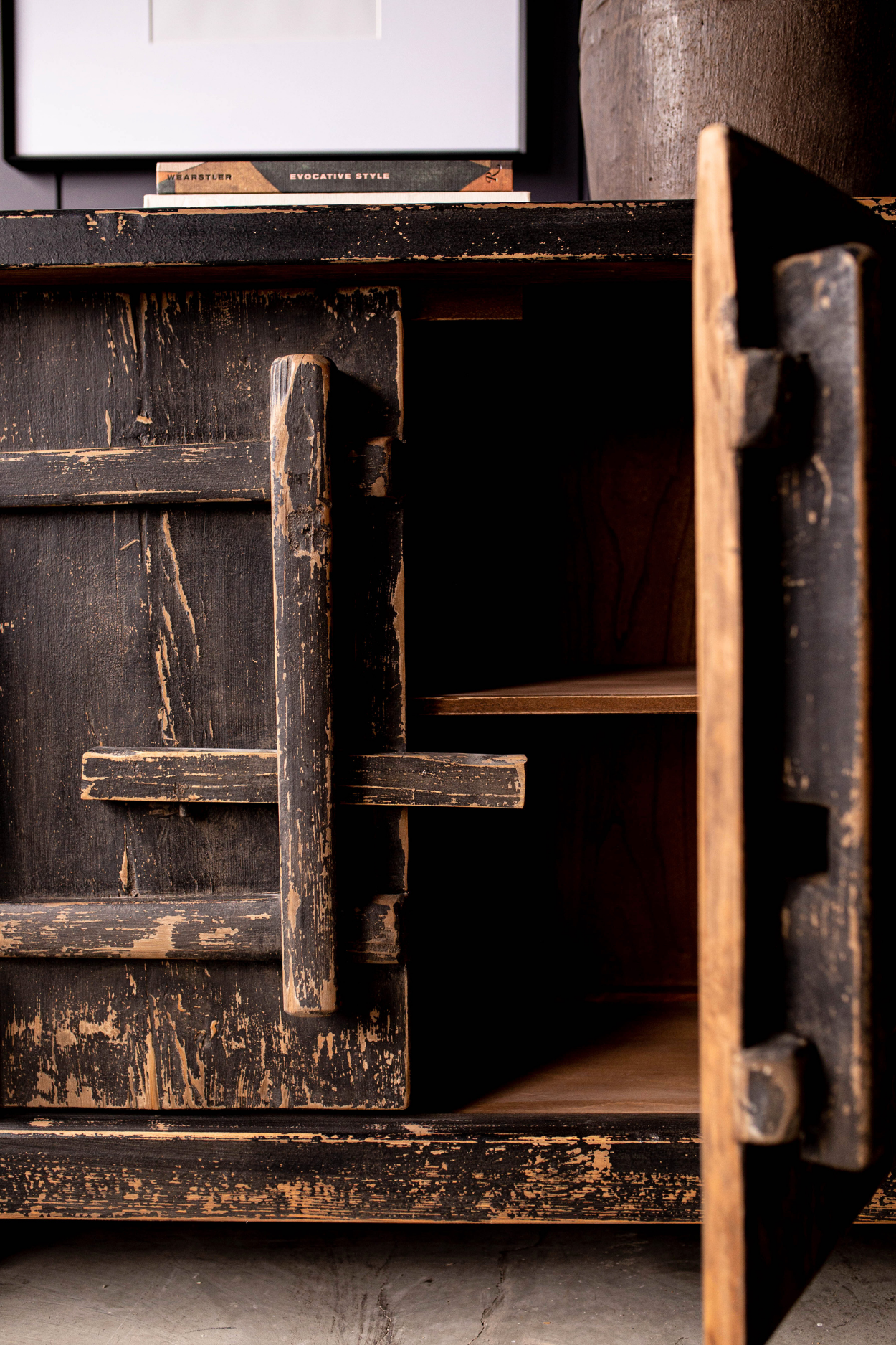 Palm Desert Reclaimed Elm Wood Four-Door Black Console | By Luxe B Co. 