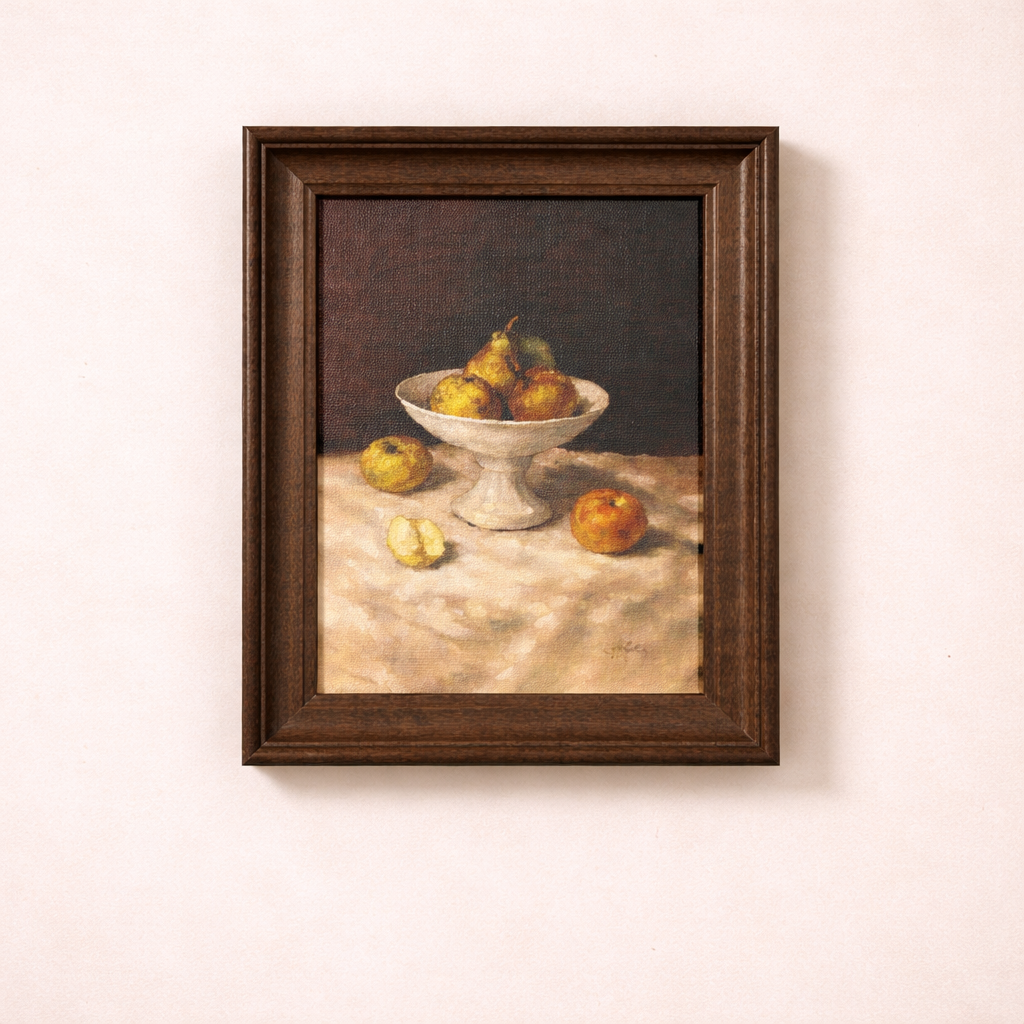 Antique-inspired framed art featuring classic fruit design by Luxe B Co, displayed in a Westbury-style frame.