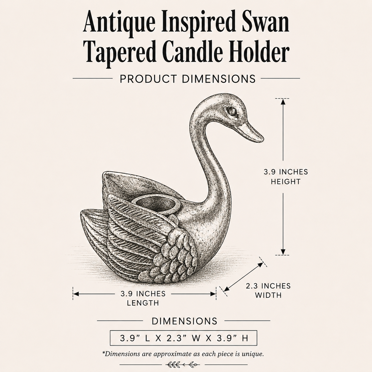Antique-inspired swan-shaped tapered candle holder by Luxe B Co, featuring elegant design and detailed craftsmanship.