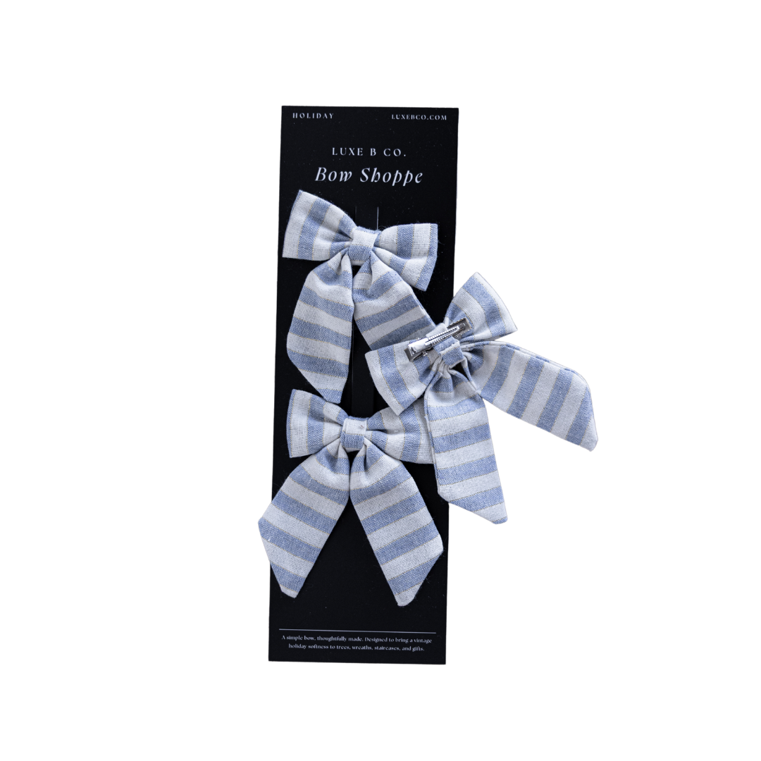 Baby Blue & Gold Striped Mini Fabric Bows with Clips Set By Luxe B Co. 