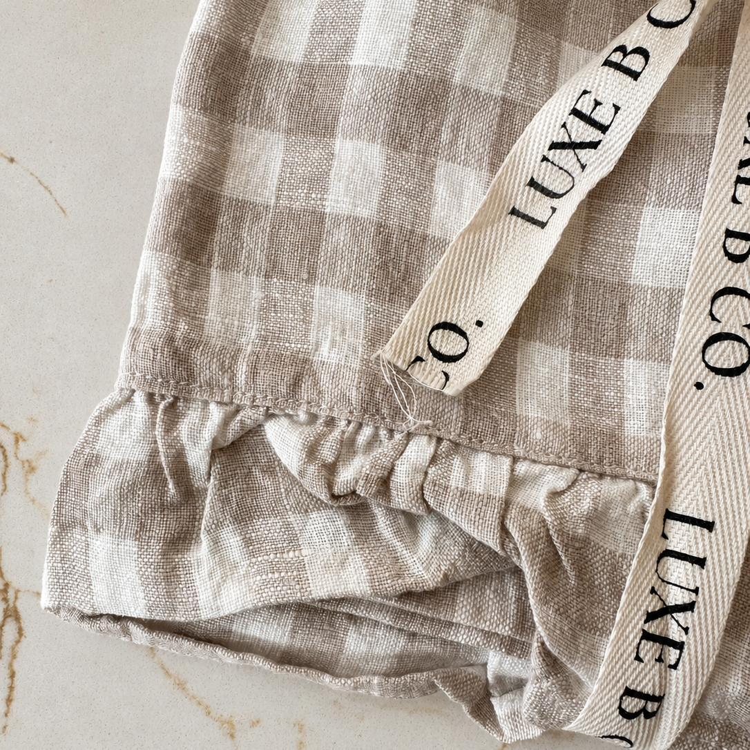 Beige Gingham Linen Ruffle DIsh Towel By Luxe B Co.