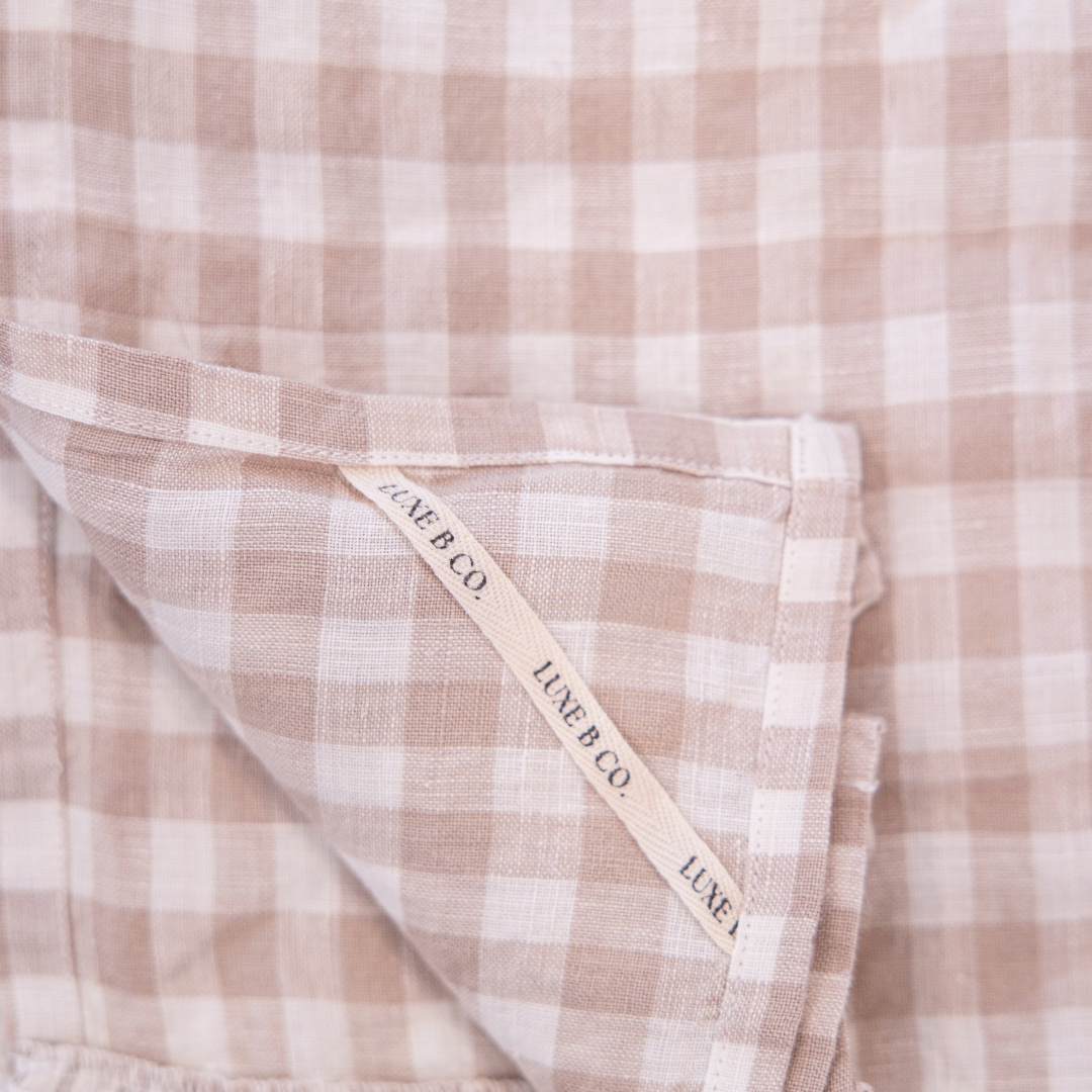 Beige Gingham Linen Ruffle DIsh Towel By Luxe B Co.
