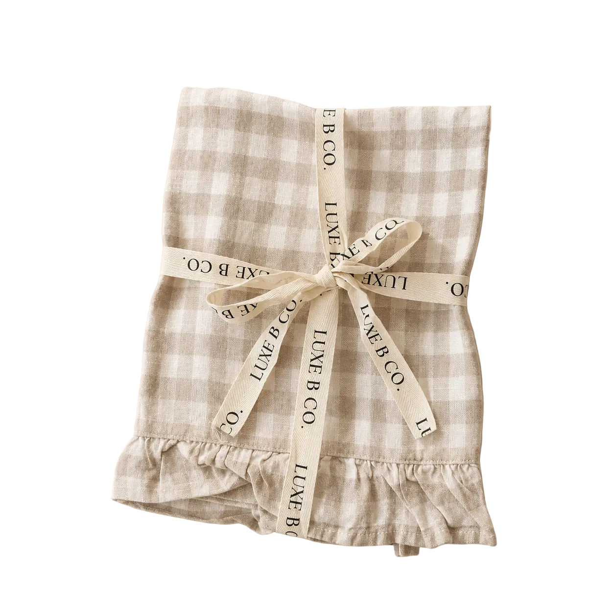 Beige Gingham Linen Ruffle DIsh Towel By Luxe B Co.
