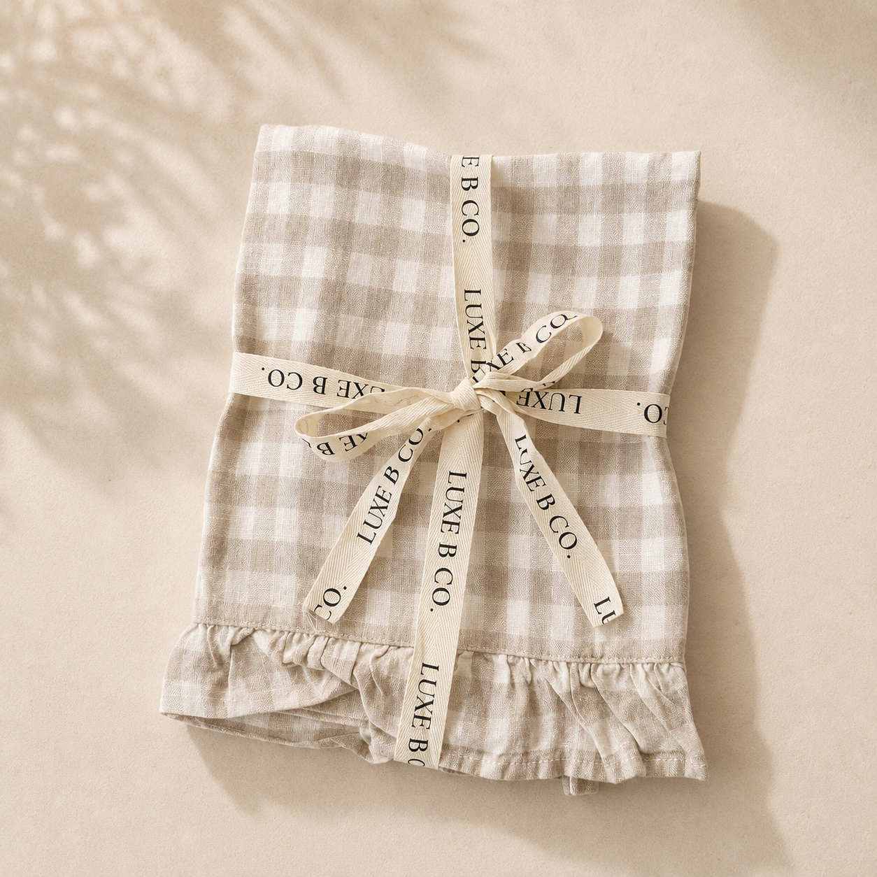 Beige Gingham Linen Ruffle DIsh Towel By Luxe B Co.