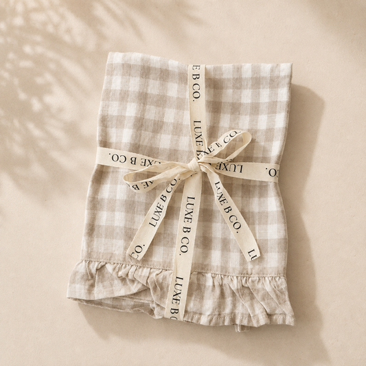 Beige Gingham Linen Ruffle DIsh Towel By Luxe B Co.