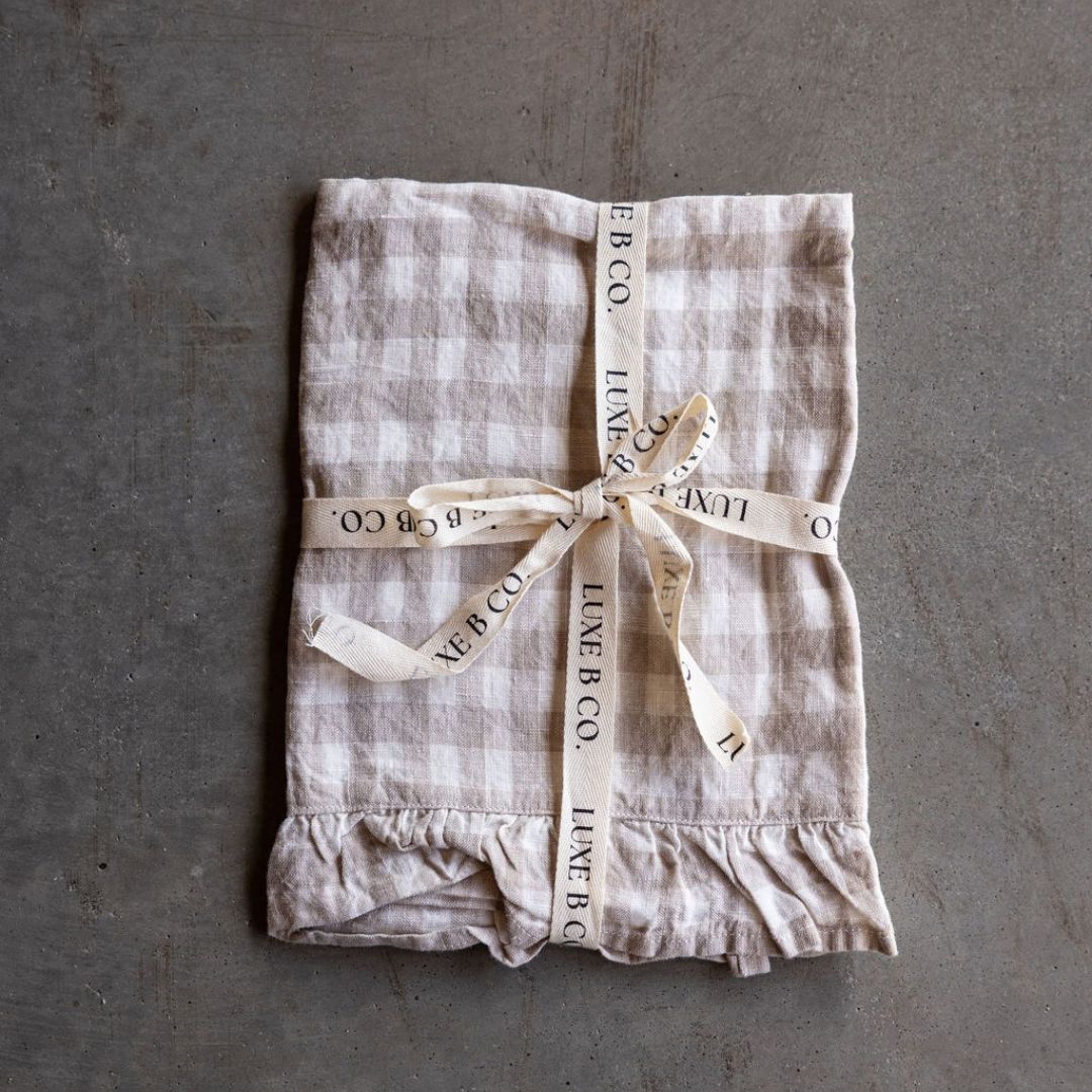Beige Gingham Linen Ruffle Dish Towel | By Luxe B Co.