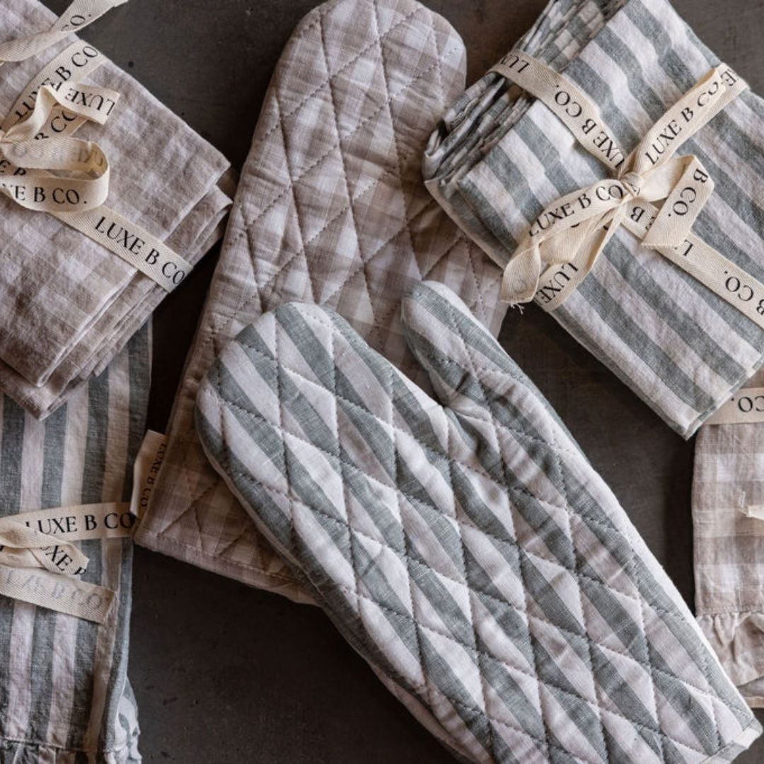 Beige Gingham Linen Ruffle Dish Towel | By Luxe B Co.