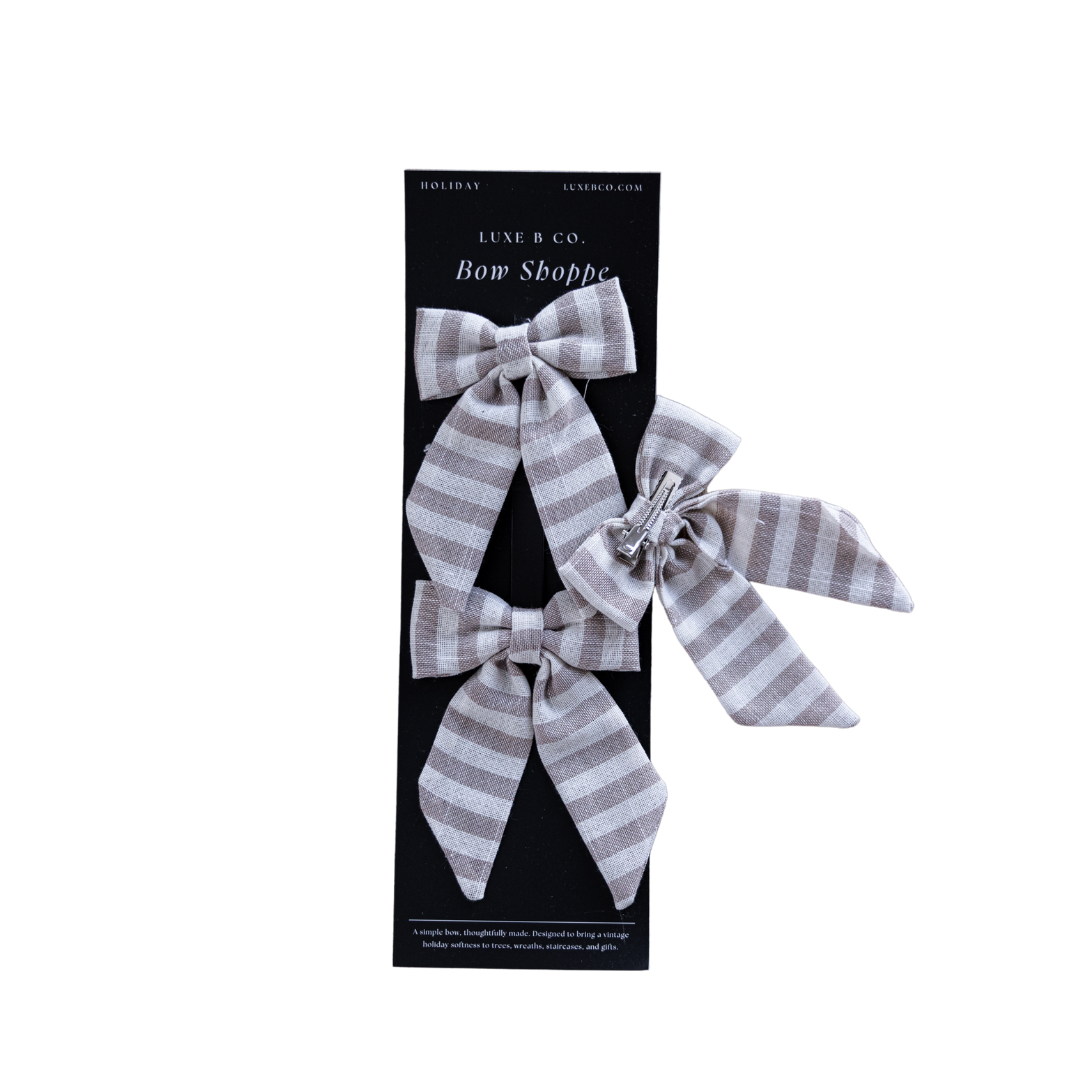 Beige Striped Mini Fabric Bows with Clips Set By Luxe B Co.