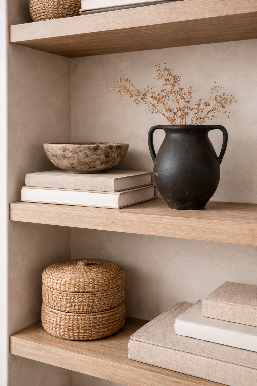 Wooden shelves with books, a black vase, and woven baskets against a neutral wall.