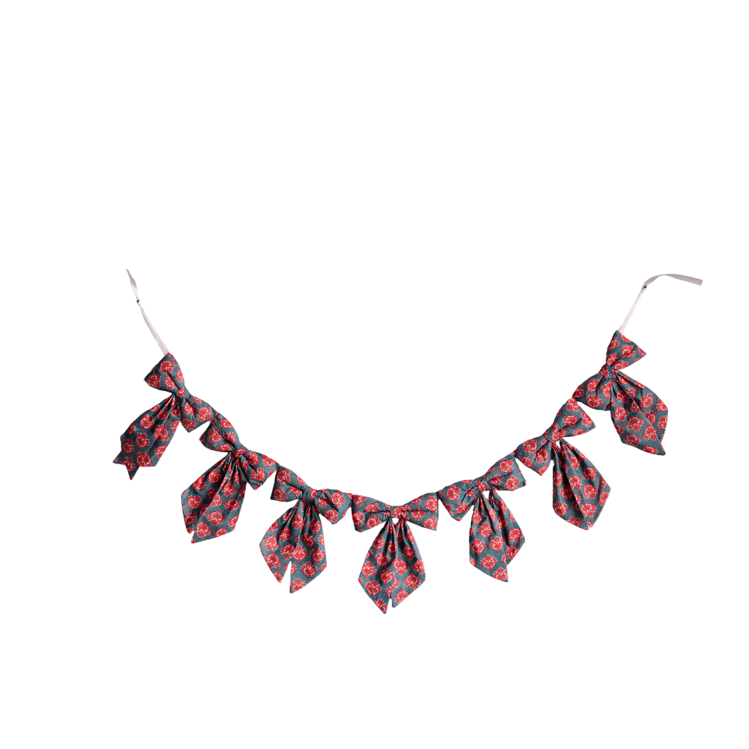 Blue & Coral Floral Block Print Motif Fabric Bow Garland By Luxe B Co. 