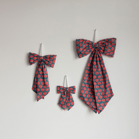 Blue & Coral Floral Block Print Motif Fabric Bows By Luxe B Co. 