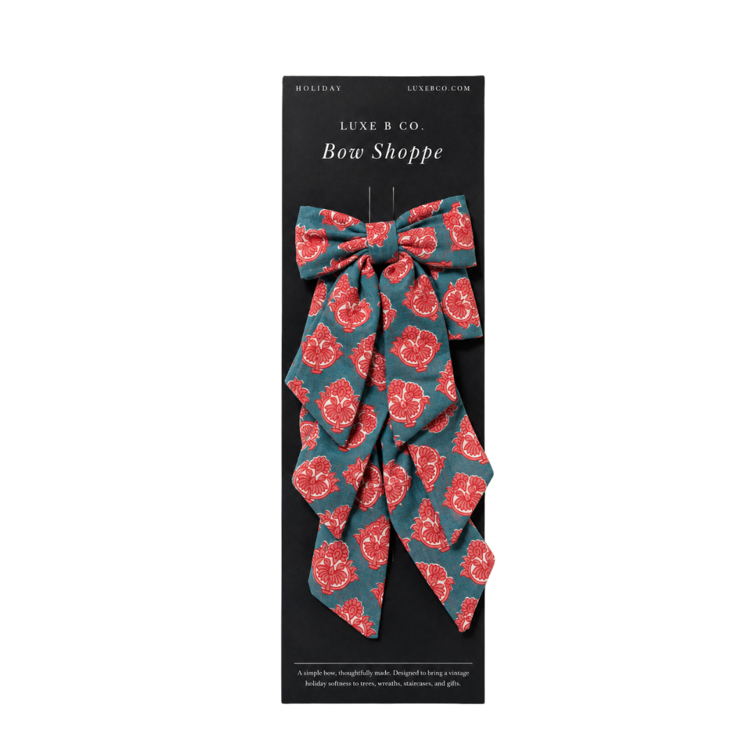 Blue & Coral Floral Motif Mini Fabric Bows with Clips Set By Luxe B Co. 