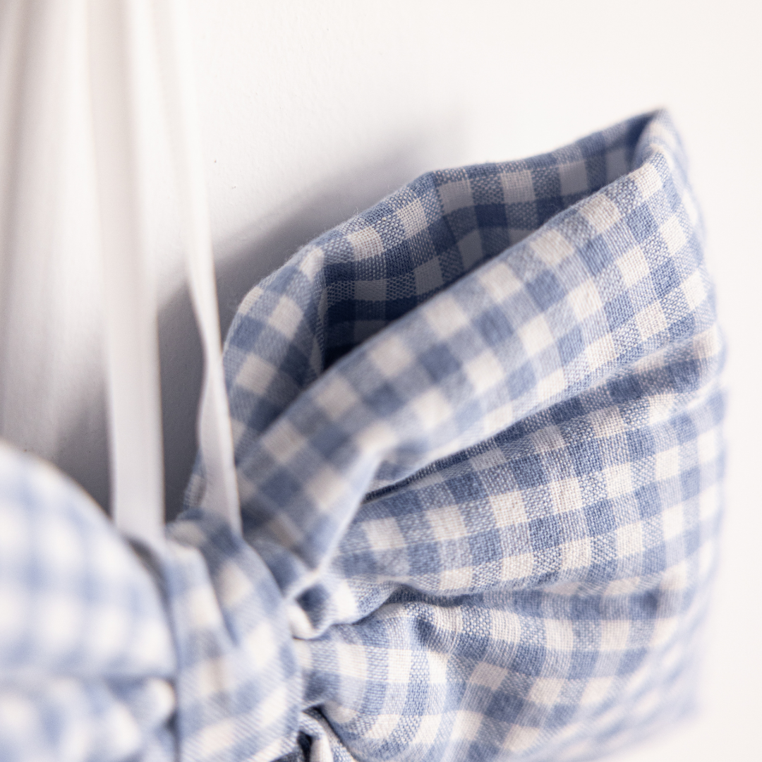 Blue small gingham fabric bows by Luxe B Co, featuring cute, lightweight accessory bows perfect for hair or gift decoration.