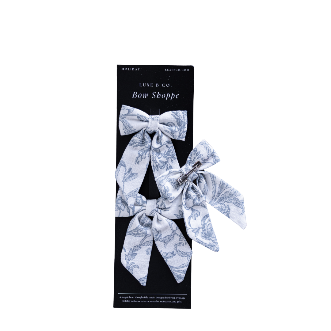 Blue Toile Mini Fabric Bows with Clips Set By Luxe B Co. 