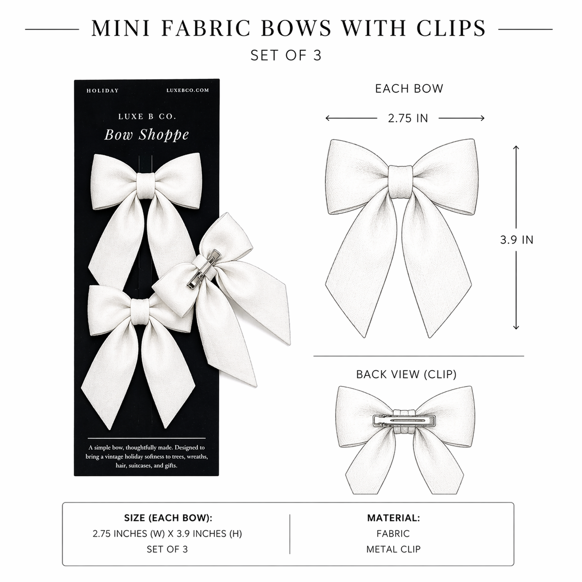 Set of small green gingham fabric bows with clips by Luxe B Co, perfect for hair accessories or decorative embellishments.