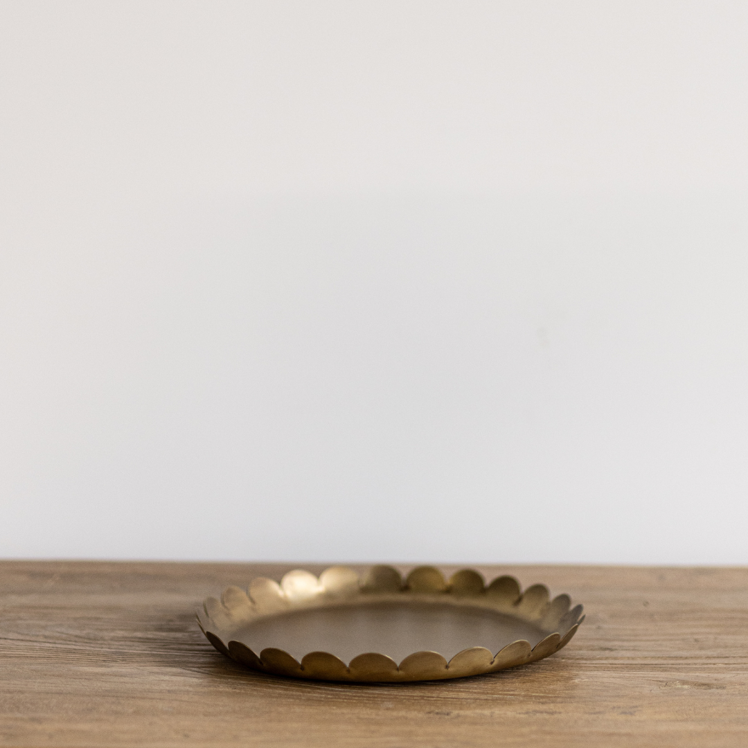 Aluminium brass-inspired scallop tray with a decorative, scalloped edge, designed by Luxe B Co.