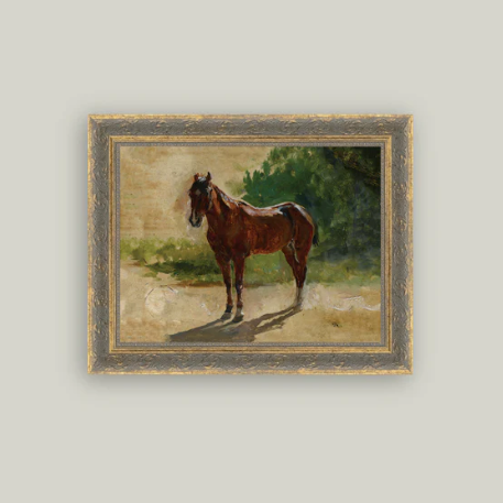 Framed antique-inspired art of a brown horse study by Luxe B Co, showcasing detailed horse illustration in a vintage style.