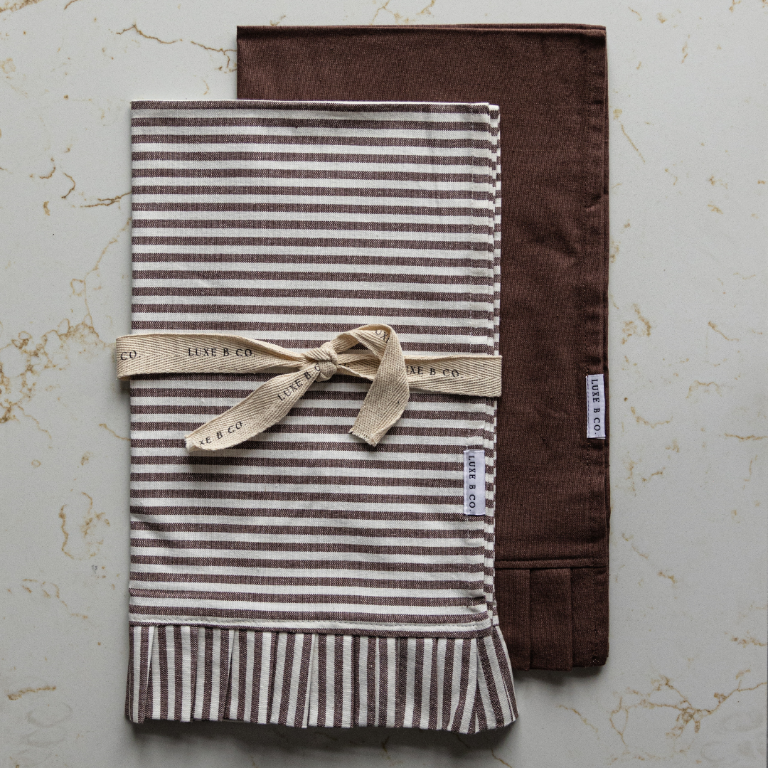 Brown & White Stripes Ruffle Kitchen Dish Towel | By Luxe B Co.
