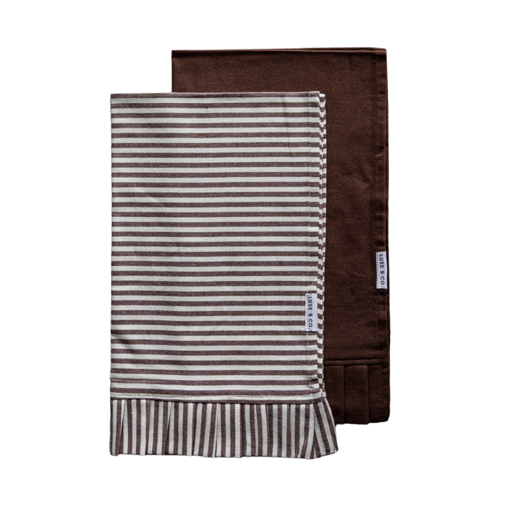 Brown & White Stripes Ruffle Kitchen Dish Towel | By Luxe B Co.