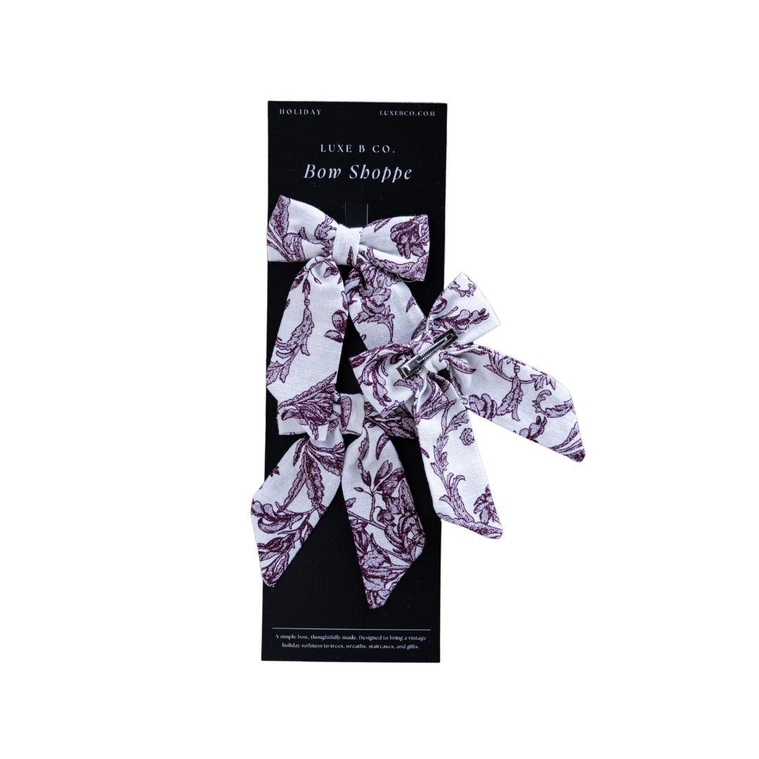 Burgundy Toile Mini Fabric Bows with Clips Set By Luxe B Co. 