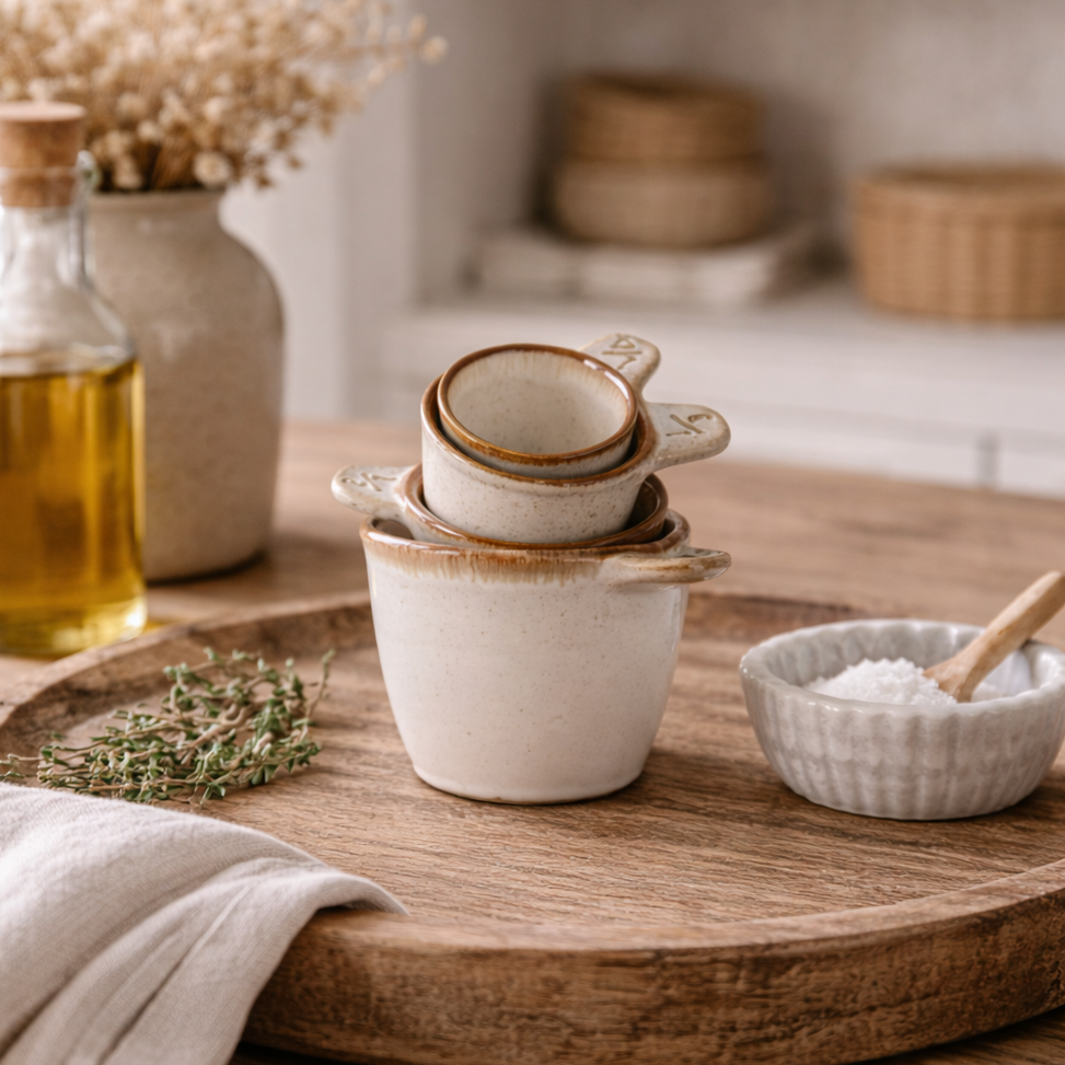 Ceramic cups on a wooden tray with a kitchen setting in the background