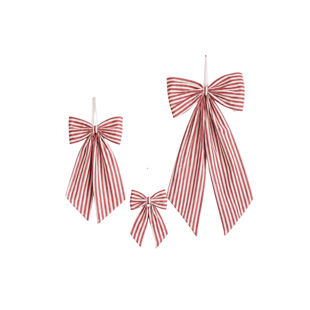 Red fabric bow featuring candy cane pattern from Luxe B Co, perfect for holiday decorations and gift wrapping.
