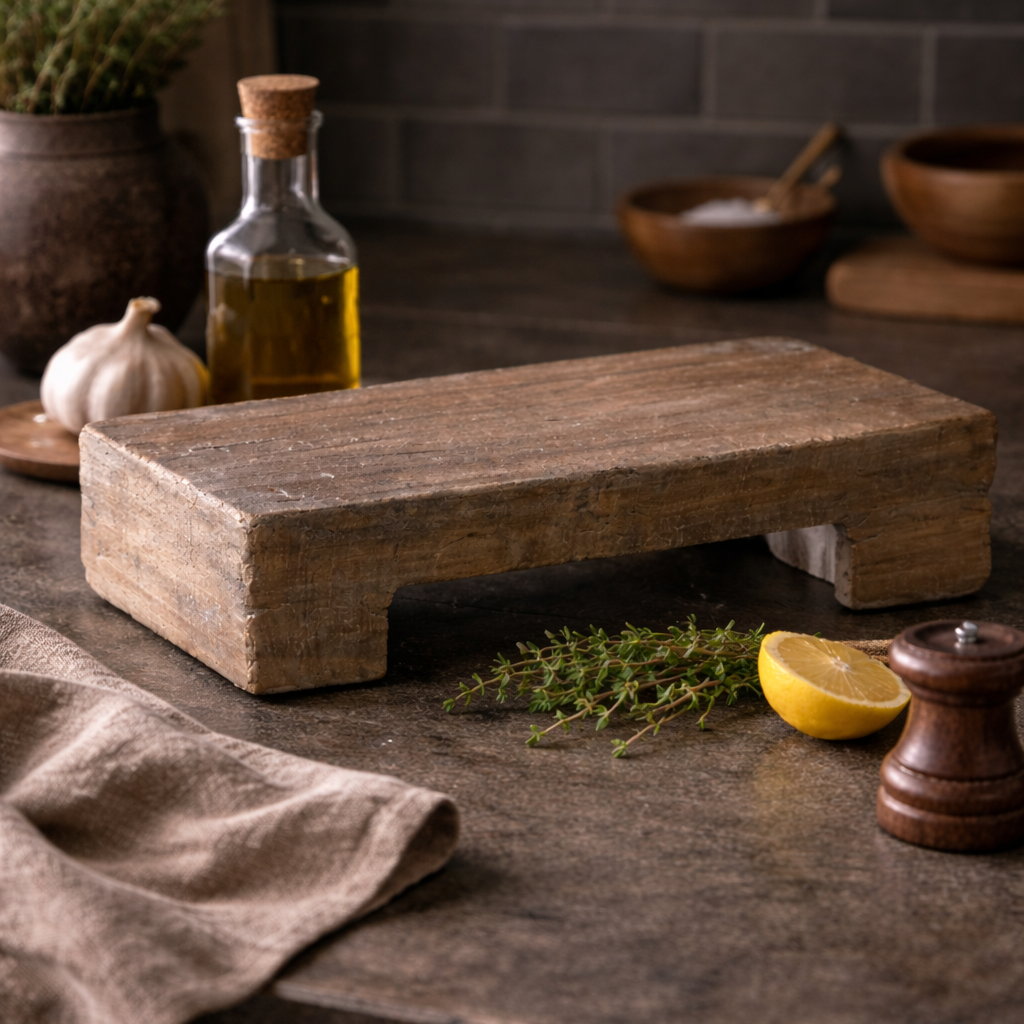 Wooden cutting board on a stone surface with kitchen items in the background