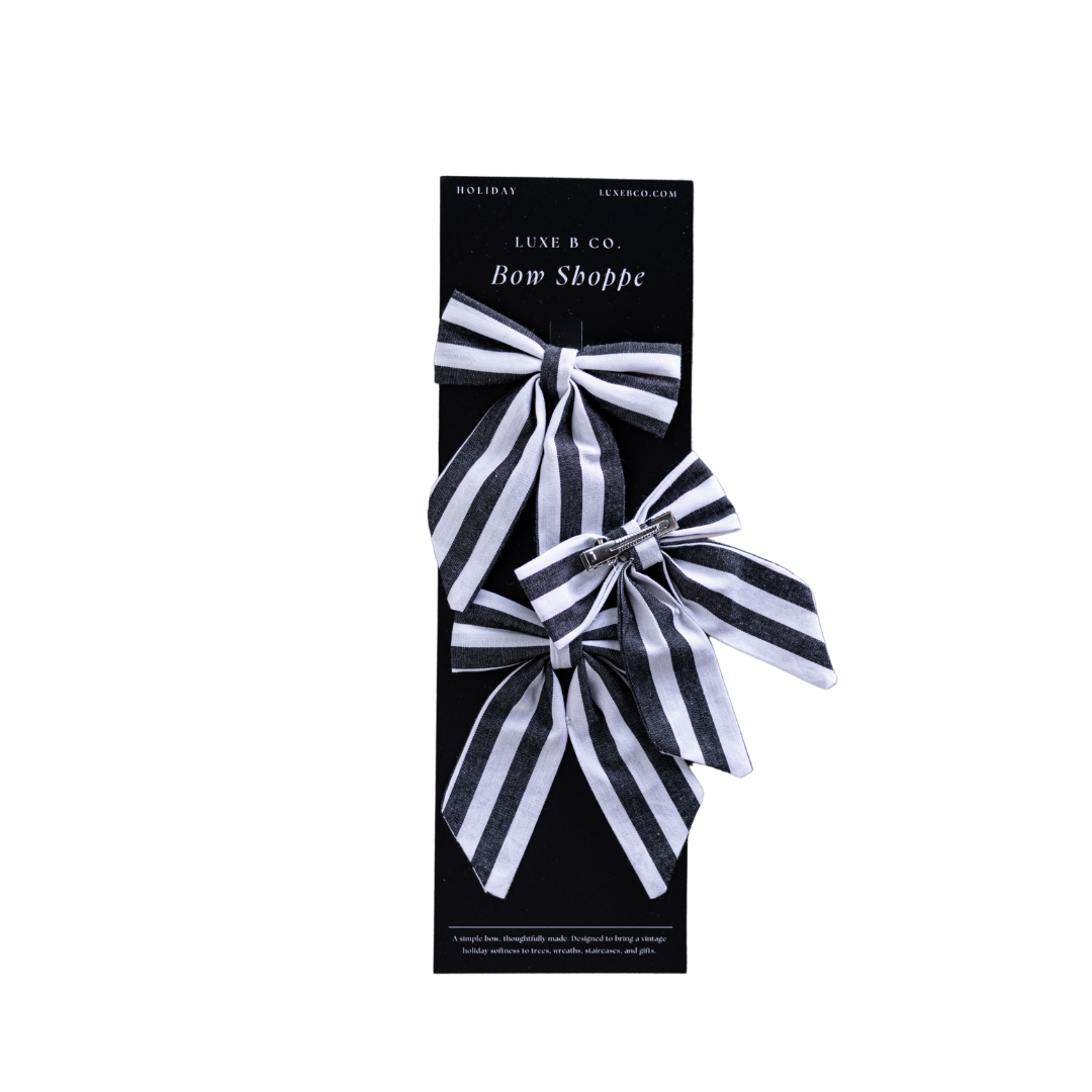 Set of classic charcoal striped mini fabric bows with clips by Luxe B Co, ideal for hair accessories or gift decorations.