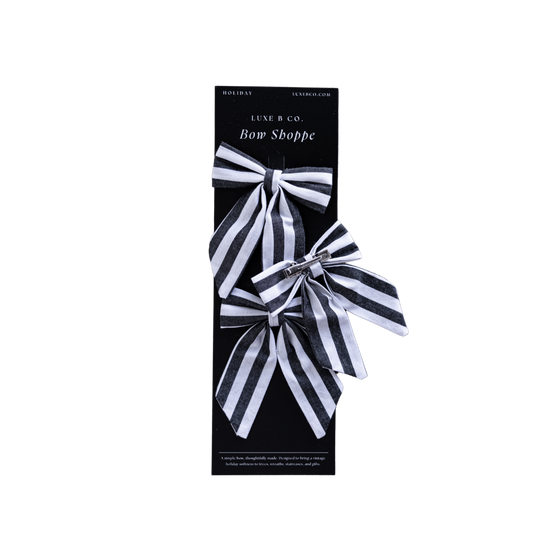 Set of classic charcoal striped mini fabric bows with clips by Luxe B Co, ideal for hair accessories or gift decorations.