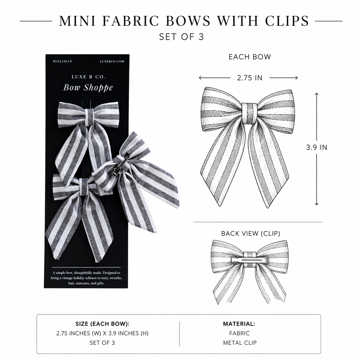 Green plaid mini fabric bows with clips set by Luxe B Co, featuring classic charcoal stripe design and secure clip attachments.