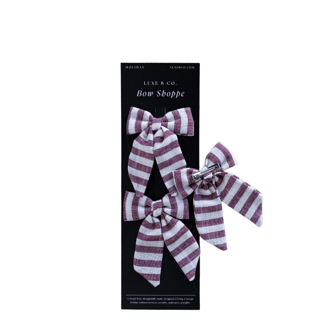 Cranberry Red Striped Mini Fabric Bows with Clips Set By Luxe B Co.