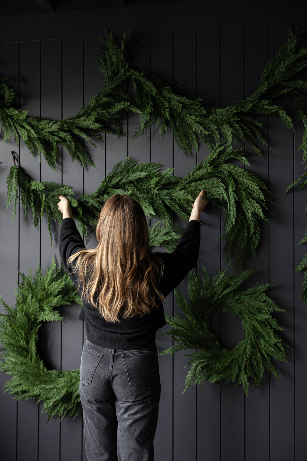 Full 34-inch Cypress Leaf real-touch wreath by Luxe B Co, featuring lush green cypress foliage for natural decor.