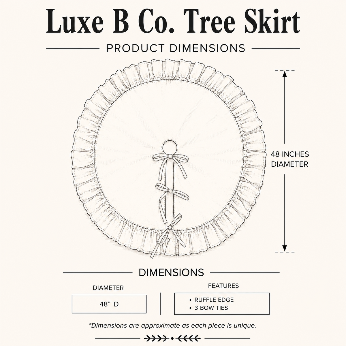Deep red velvet tree skirt with ruffle edges from Luxe B Co., perfect for holiday decorating and festive Christmas displays.