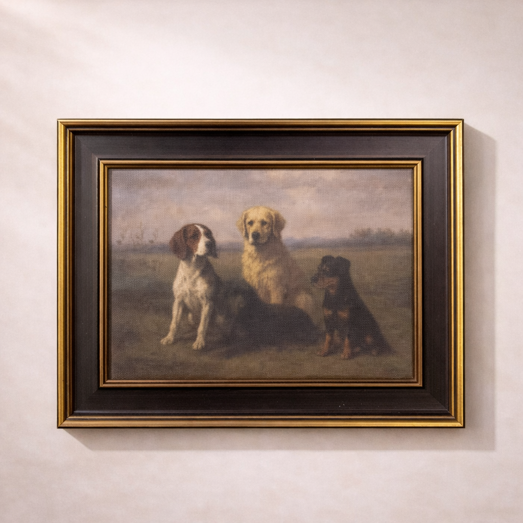 Antique-inspired framed dog breeds art with brass trim and black frame, showcasing detailed illustrations of various dog breeds.