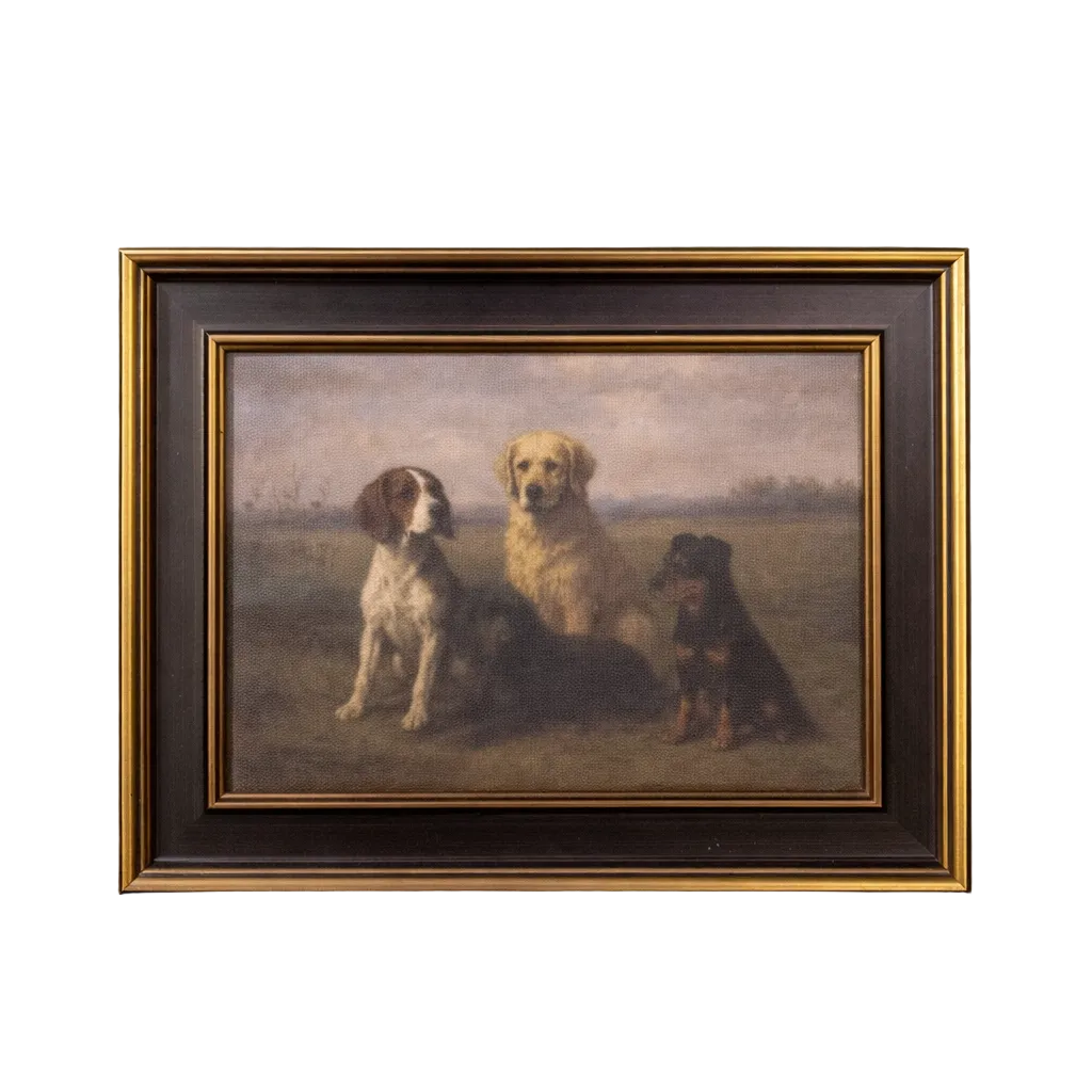 Antique-inspired framed art featuring dog breeds with brass trim and black frame, showcasing detailed illustrations by Luxe B Co.