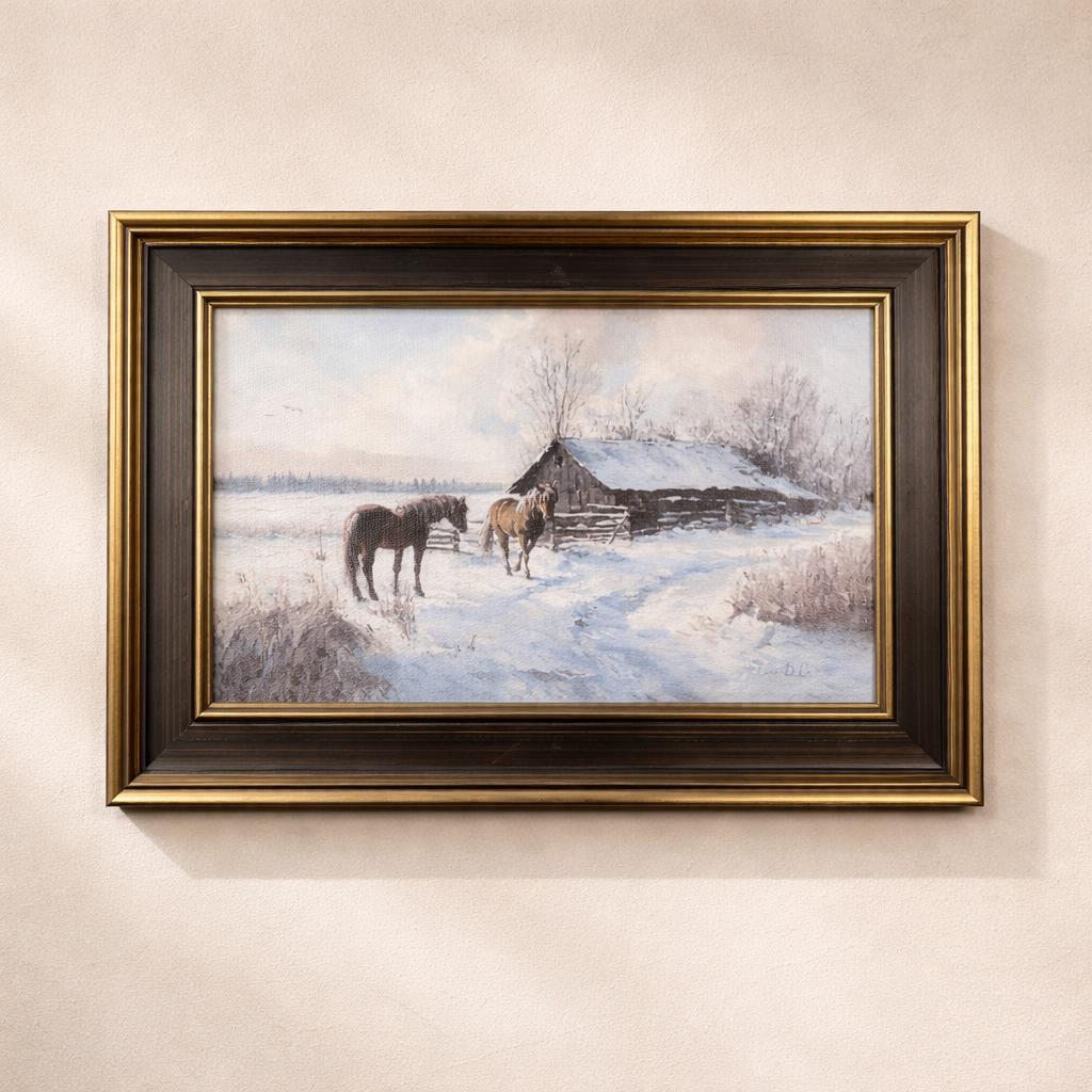 Black framed art featuring an antique-inspired brass trim and equestrian barn scene, by Luxe B Co.