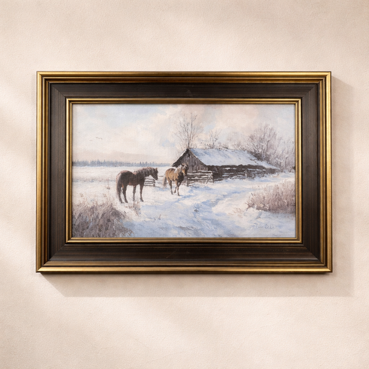 Black framed art featuring an antique-inspired brass trim and equestrian barn scene, by Luxe B Co.