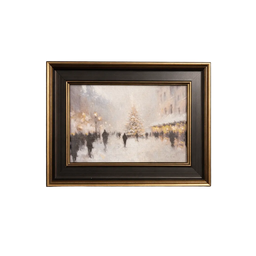 European Christmas Market framed art by Luxe B Co featuring antique-inspired brass trim and a black frame, depicting festive market scene.