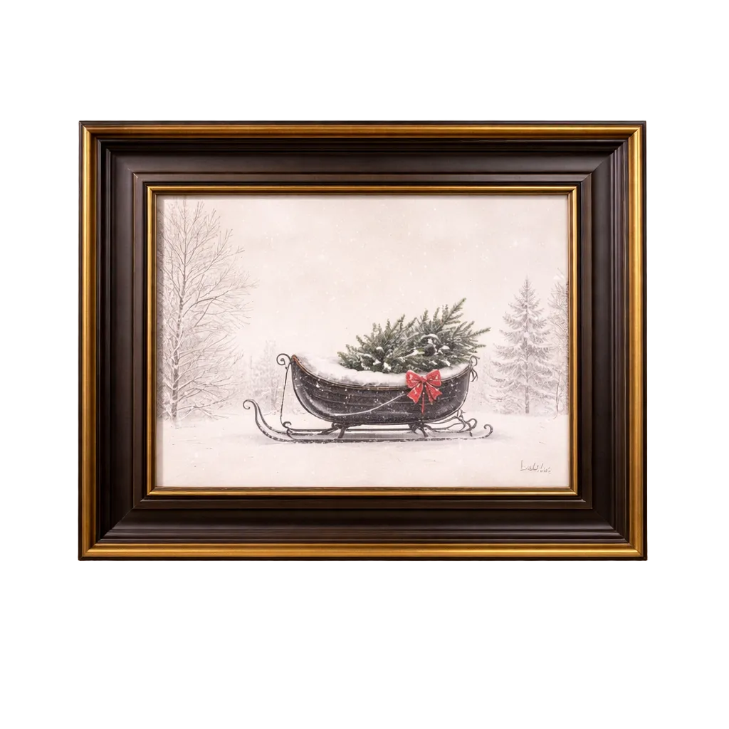Antique-inspired festive sleigh framed art with brass trim in black frame, showcasing a holiday-themed decorative artwork.