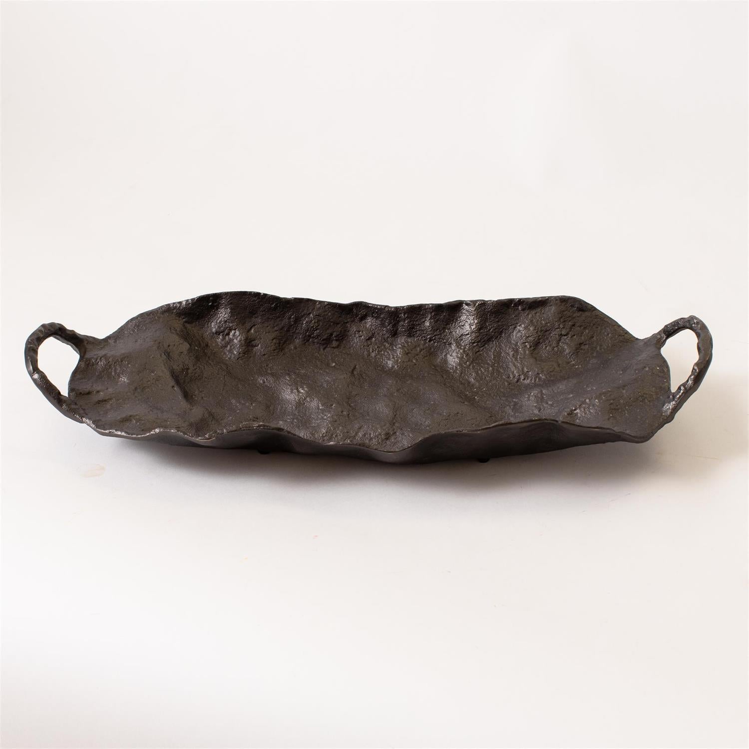 Decorative forged aluminum tray by Audrey's Home & Gift, with intricate design and matte finish for stylish home decor.