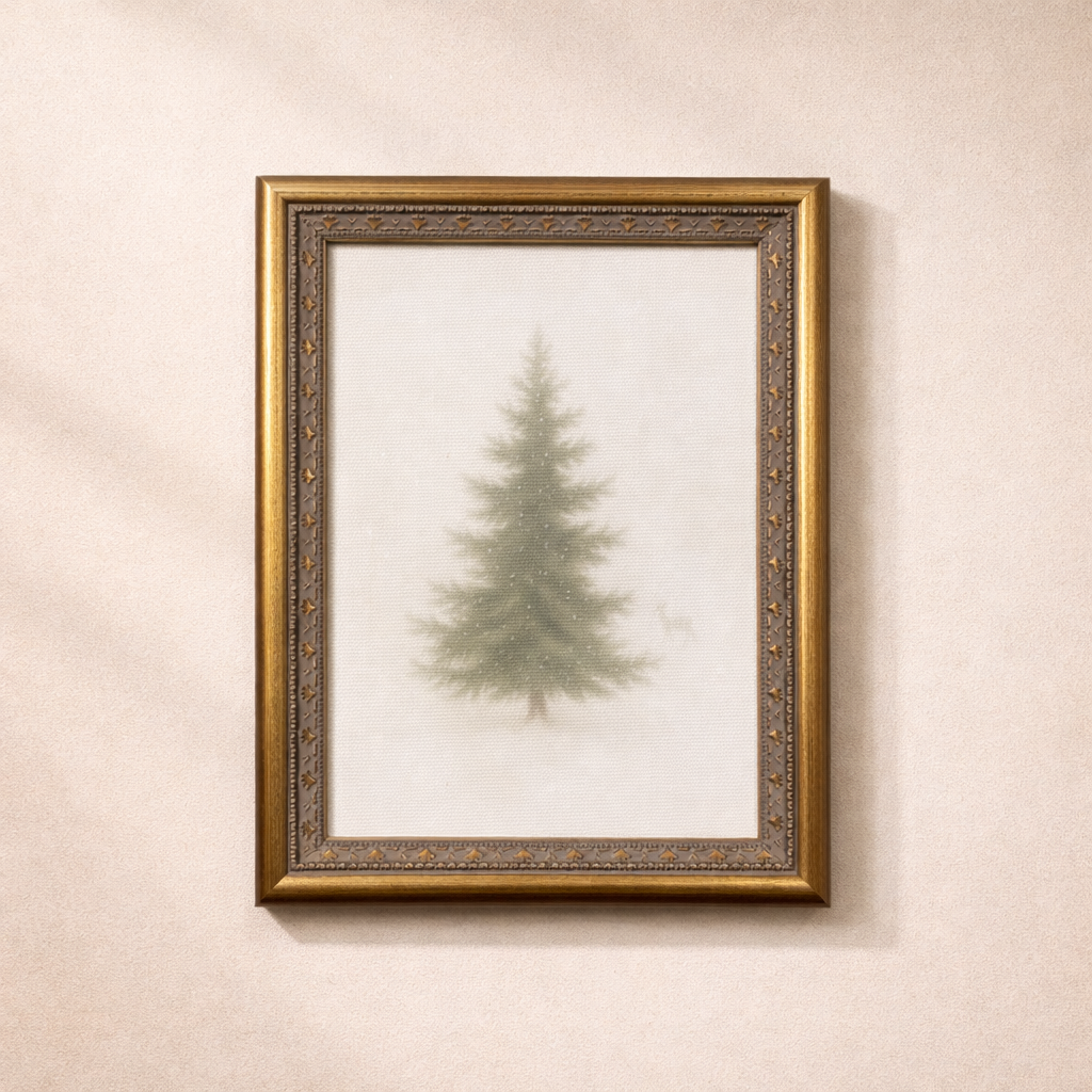Frosty Pine antique-inspired brass mould framed art by Luxe B Co, featuring a detailed pine tree design in a vintage style.