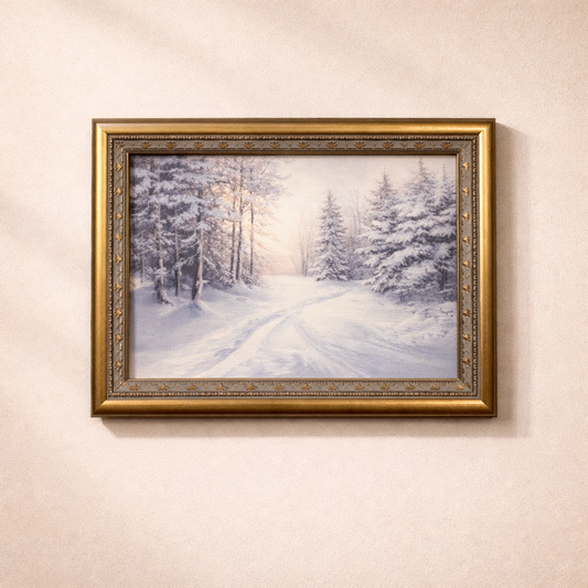 Antique-inspired brass mould framed art titled "Frozen Woodland" by Luxe B Co, showcasing a winter woodland scene in a decorative frame.