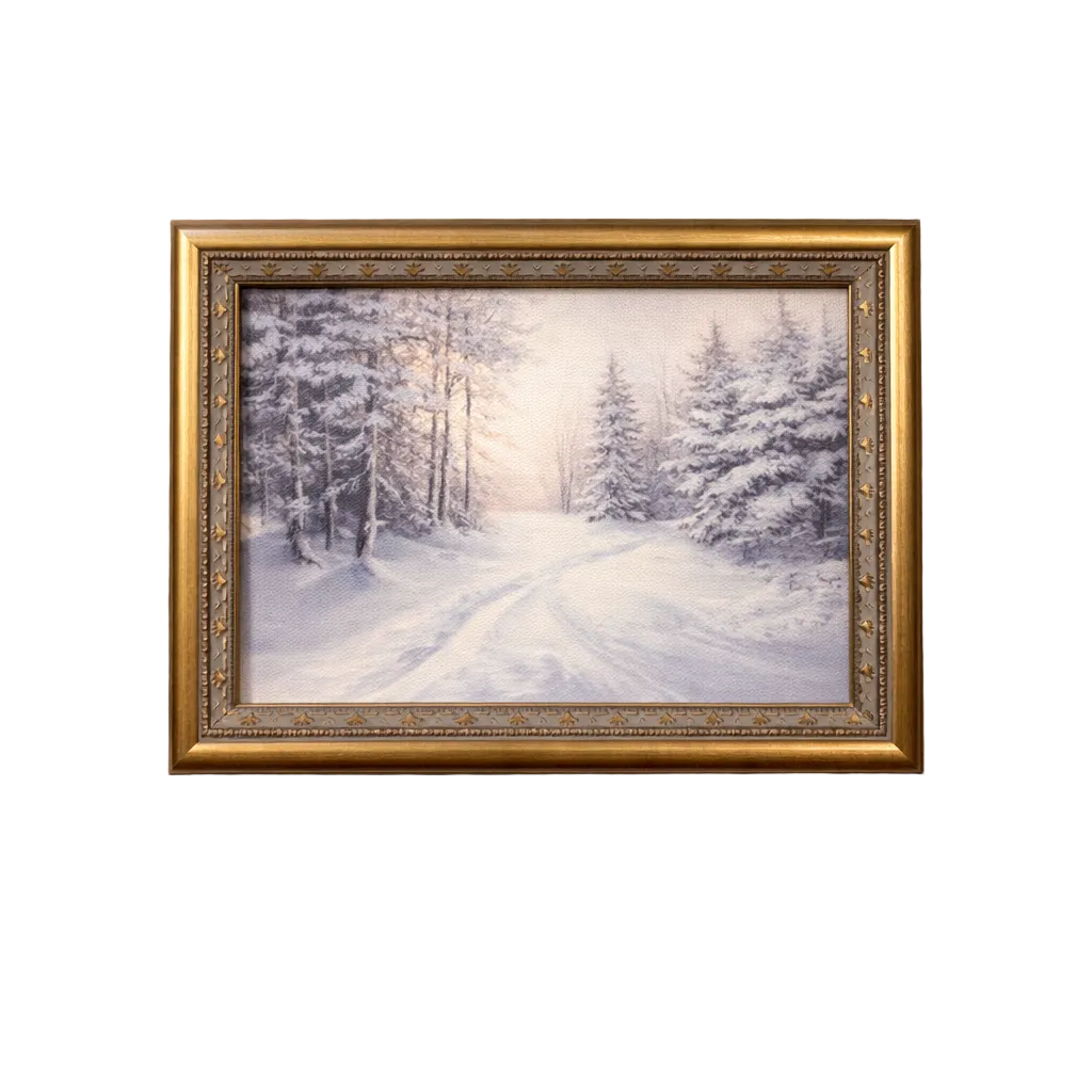 Antique-inspired brass mould framed art titled "Frozen Woodland" featuring a detailed woodland scene, by Luxe B Co.