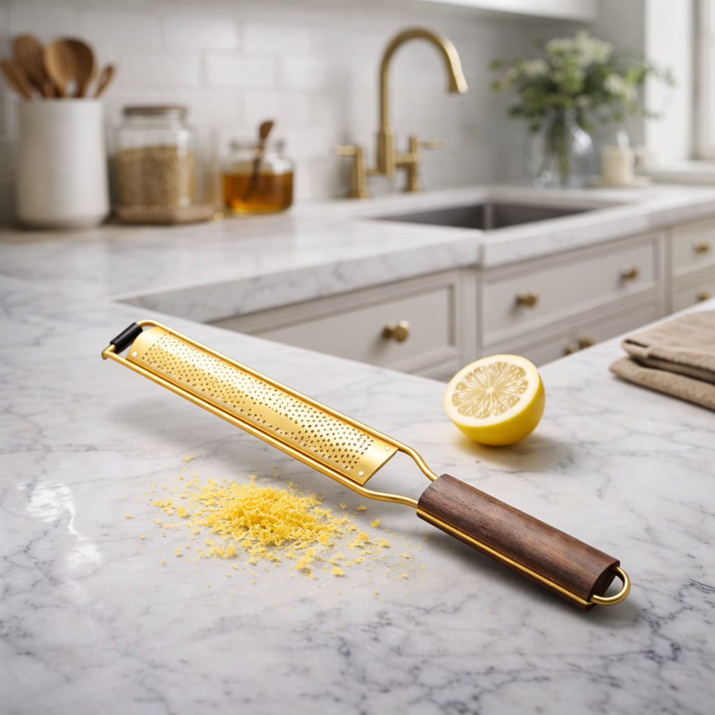 Gold zester with lemon on a marble countertop in a kitchen setting