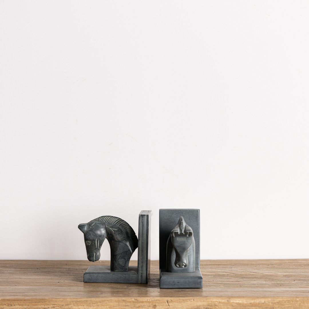 Hand Carved Stone Horses Bookends Set By Luxe B Co.
