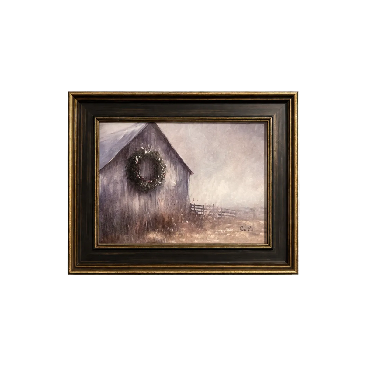 Black framed art featuring an antique-inspired barn scene with brass trim, by Luxe B Co, perfect for vintage-inspired decor.