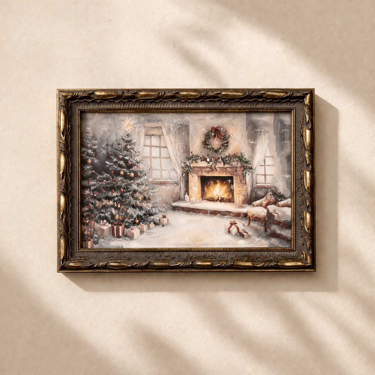 Antique-inspired silver crown leaf framed art featuring a holiday cottage design, by Luxe B Co.