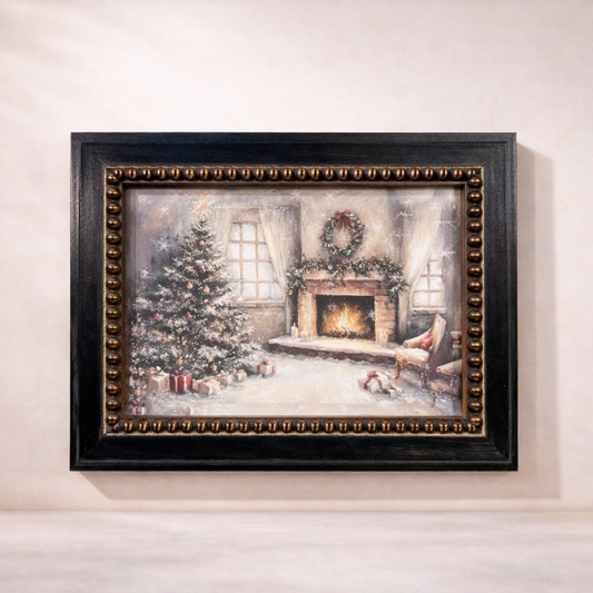French beaded brass-inspired framed art of a holiday cottage by Luxe B Co, showcasing detailed craftsmanship and elegant design.