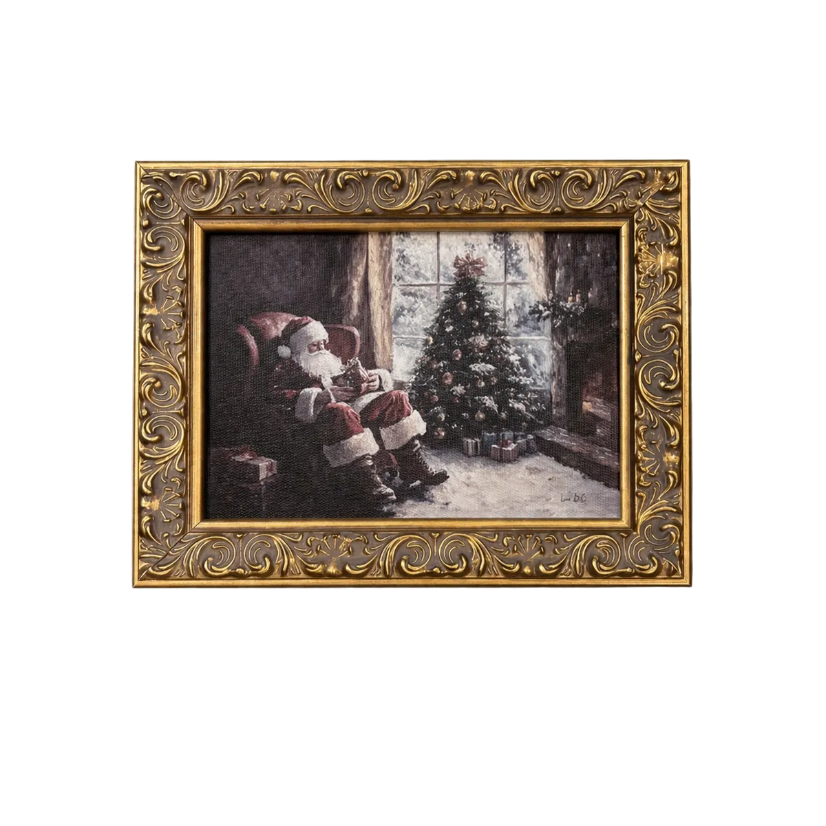 Antique-inspired brass framed art titled Holiday Eve by Luxe B Co, featuring intricate vintage design and elegant heirloom framing.