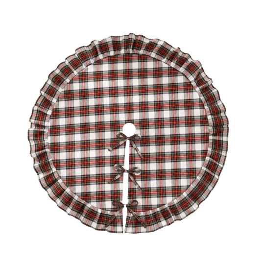 Luxe B Co. holiday plaid ruffle tree skirt with festive red and green plaid pattern and ruffled edge for Christmas decor.
